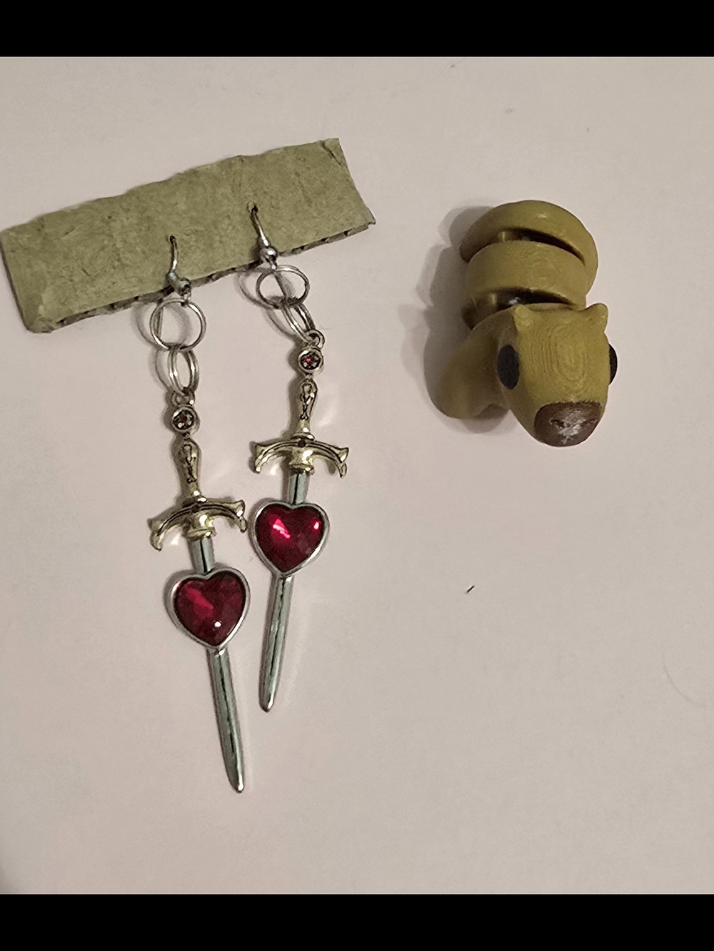 Heart Dagger Drop Earrings with Red Gem Accents